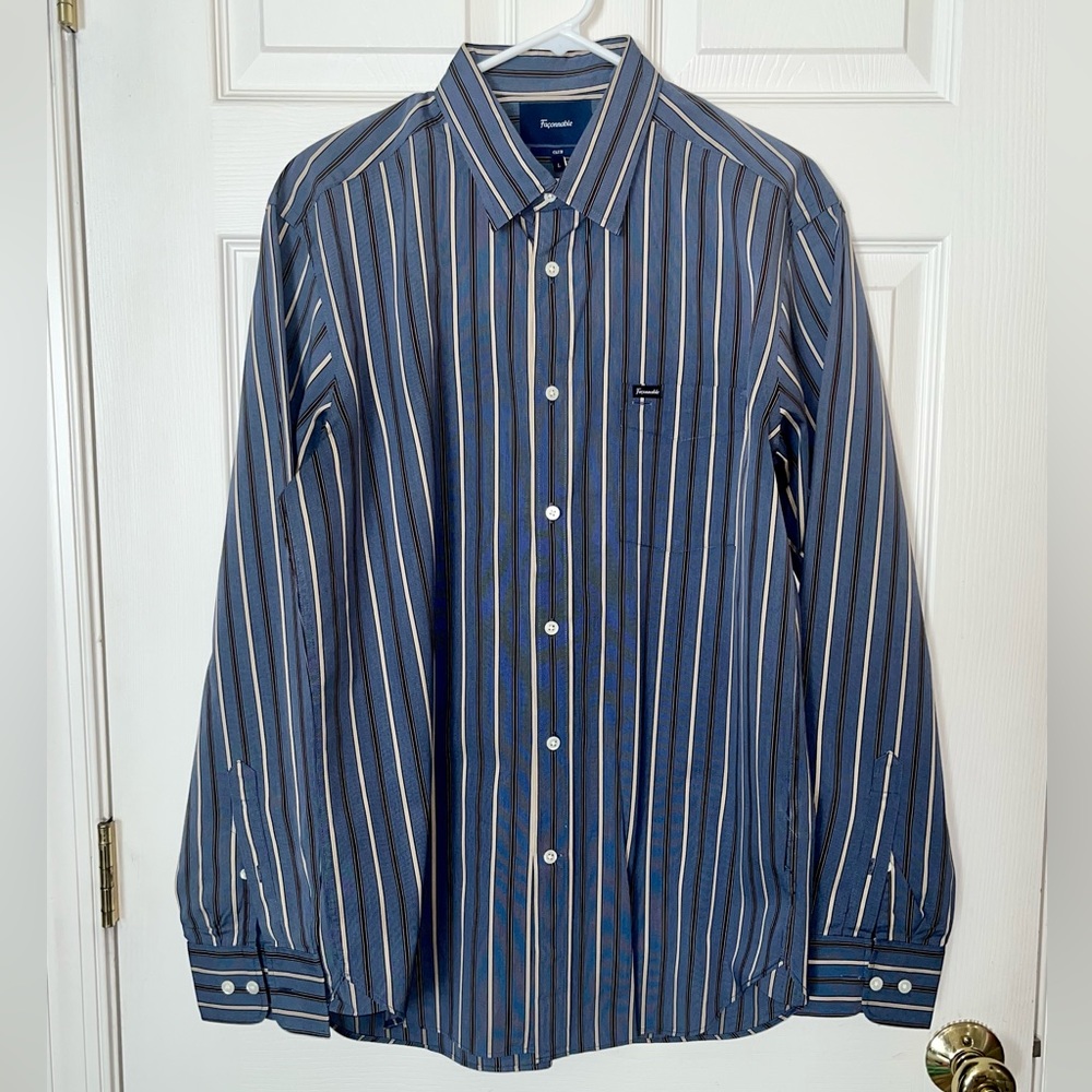 Faconnable Blue Cotton Brown Cream Striped L/S Club Button Up Shirt Large